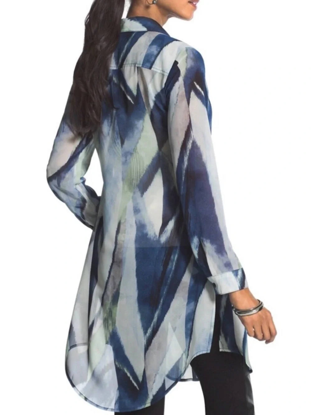 Chico's Blue and Green Abstract Button-Front Tunic Blouse - Picture 2 of 4